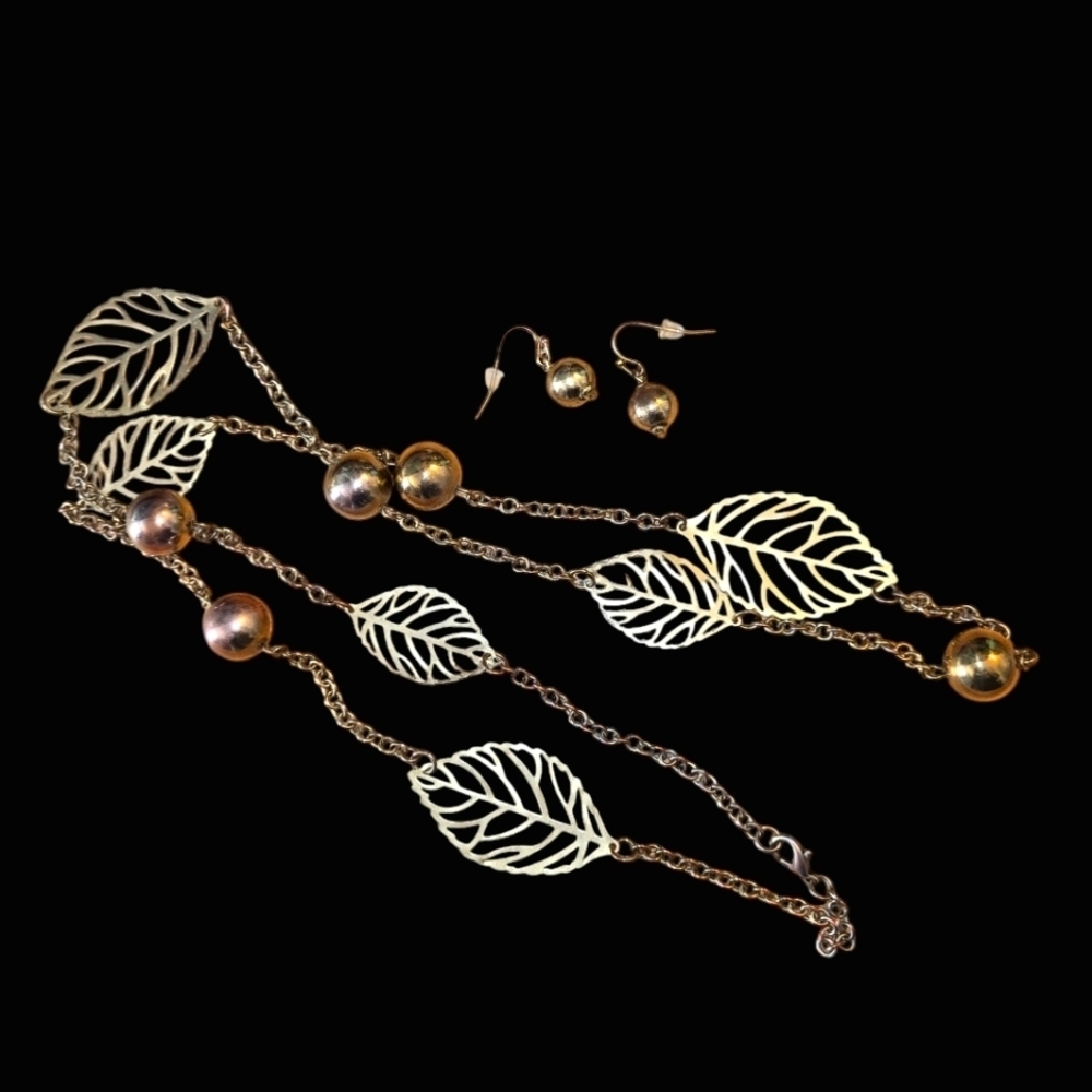 Vintage Goldtone Autumn Leaves Necklace 32" Matching Ball Fishhook Earrings